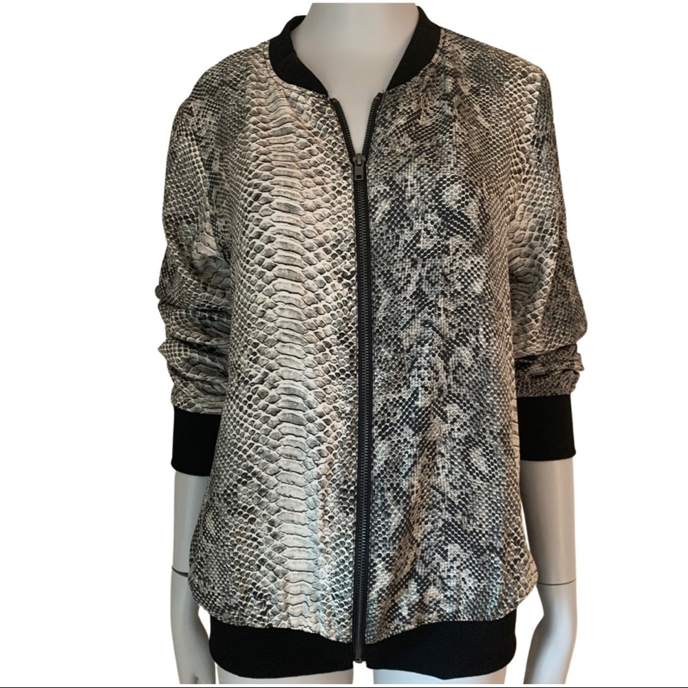 Gold Hawk Silk Python Snake Print Bomber Jacket Zip Front Size S